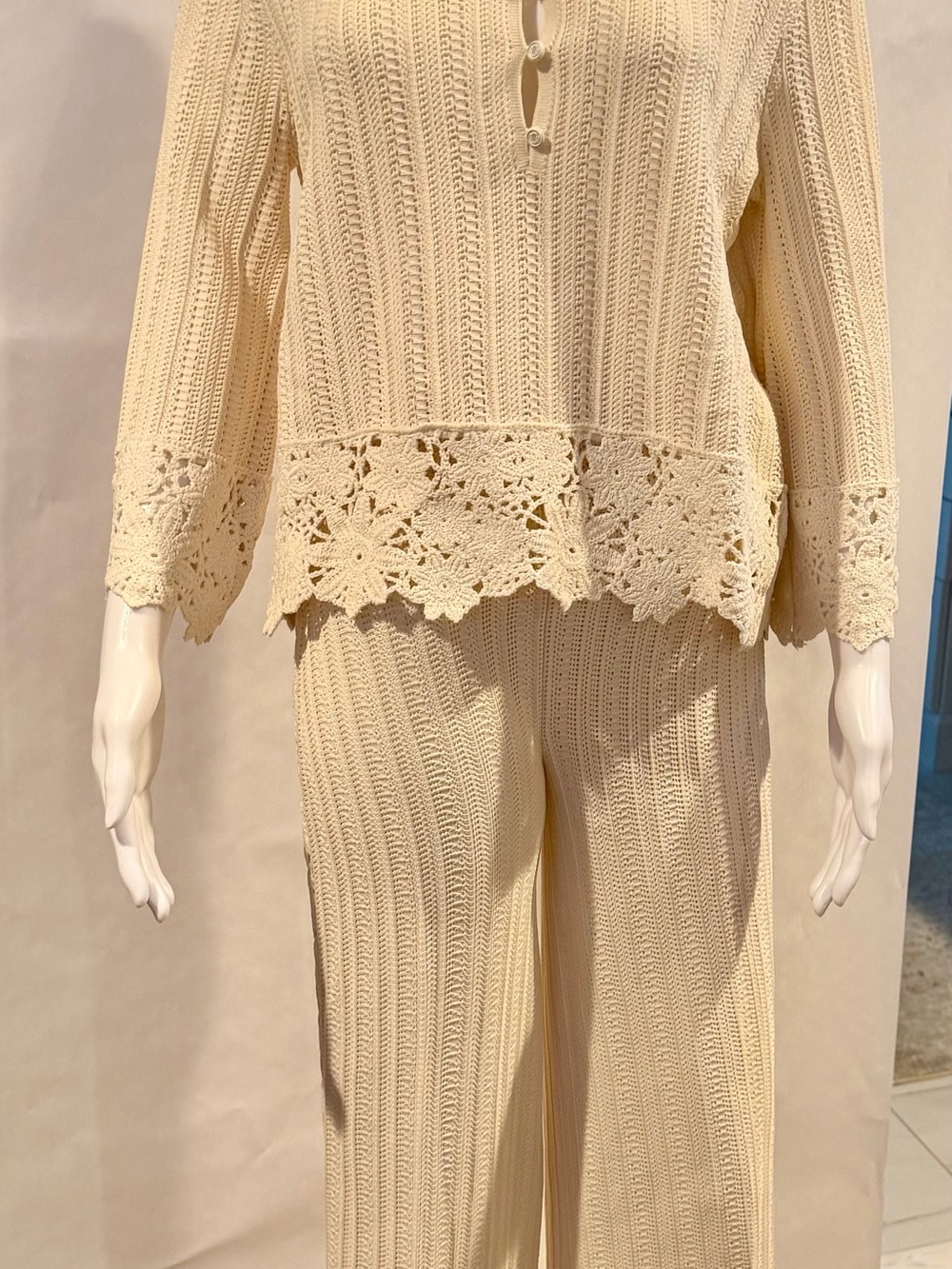 Maje Cream Crochet Knit Top and Pants Set